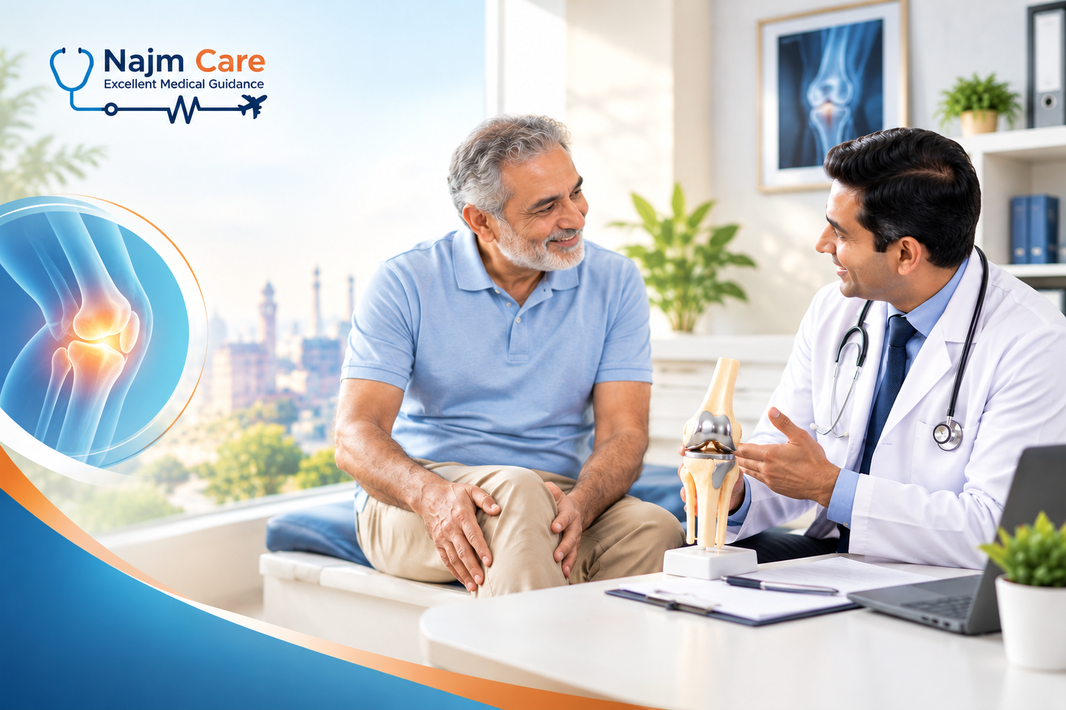 Describe the image: for example, an orthopaedic surgeon discussing knee replacement with a patient