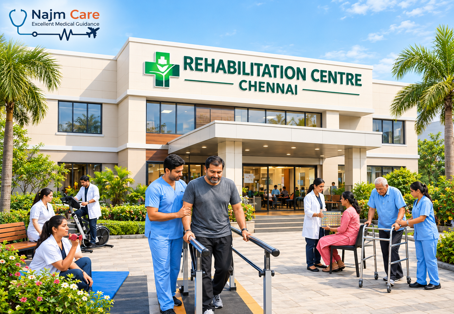 Describe the image: for example, a patient recovering with a physiotherapist in India